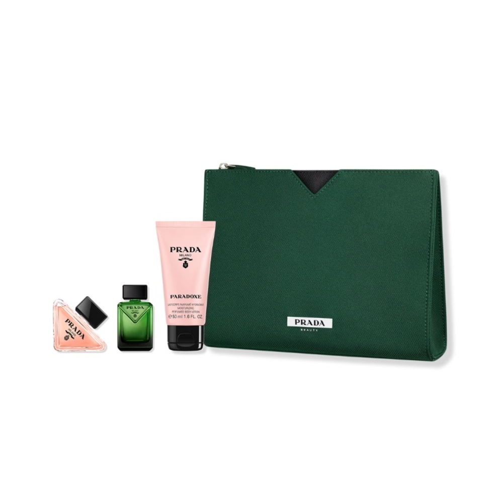 Prada Emerald Green Pouch with Pink and Green Bottles